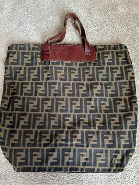 Vintage Fendi Zucca Logo Monogram Foldable Tote with Leather Trim